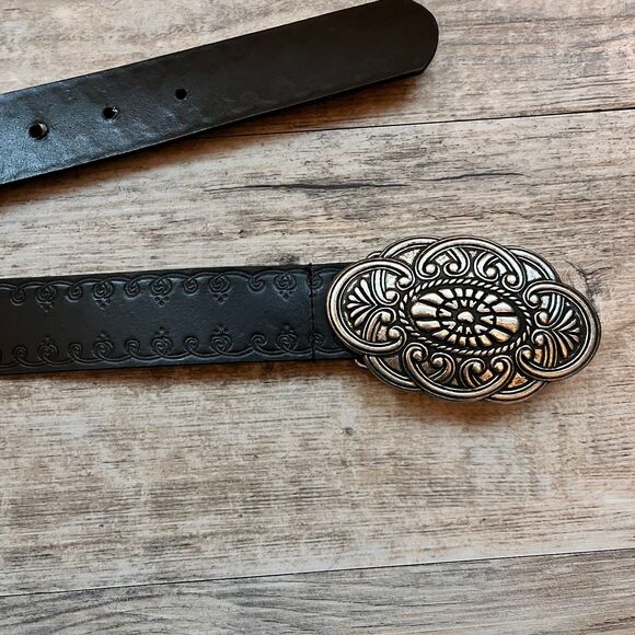 Vintage Black Leather Belt Embossed Floral Rose Heart Buckle Size 32 Boho main image 7